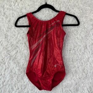 Destira Gymnastics‎ Leotard Size JR Red Sparkle Rhinestone Athletic Dancewear